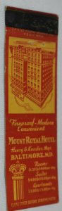 Mount Royal Hotel Baltimore Maryland Building 20 Strike Matchbook Cover