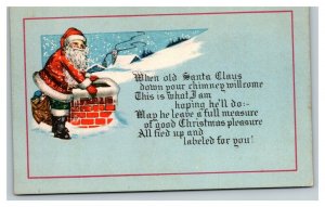 Vintage 1910's Christmas Postcard - Santa Claus Climbs Down Chimney Snowy Roof