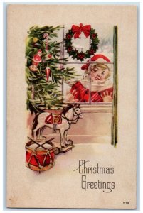 c1910's Christmas Greetings Santa Girl In Window Christmas Tree Toys Postcard