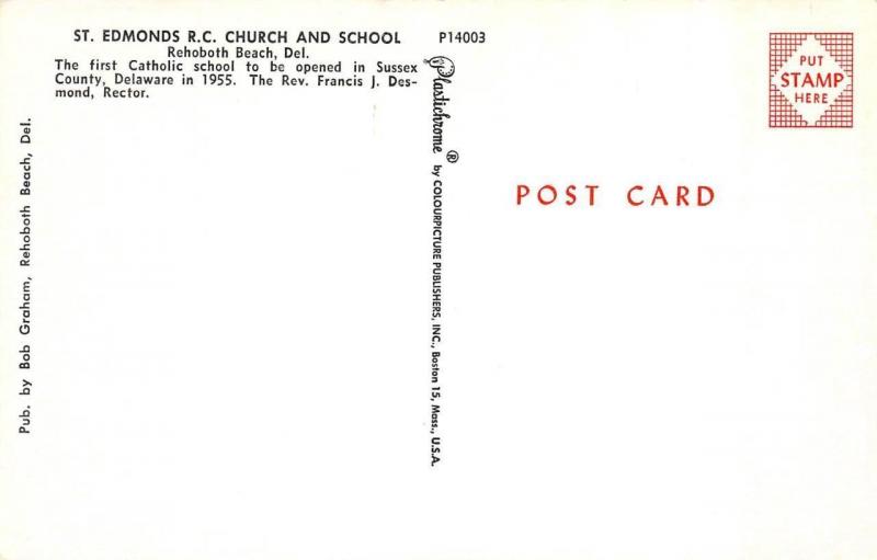REHOBOTH BEACH, DE Delaware ST EDMONDS CATHOLIC CHURCH & SCHOOL  Chrome Postcard