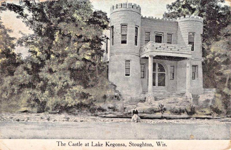 STOUGHTON WISCONSINTHE CASTLE AT LAKE KEGONSA-MAN SITTING ON ROCK POSTCARD 1915