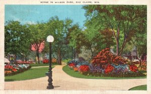 Vintage Postcard 1920's Scene in Wilson Park Eau Claire Wisconsin Streetlight