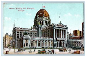 1908 Horse Carriage, Federal Building & Post Office Chicago Illinois IL Postcard 