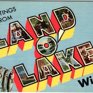 c1940s Land O' Lakes, WI Greetings Linen Curt Teich 3D Letters Postcard Wis A114