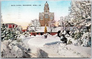 Rochester Minnesota,1941 Mayo Clinic, Winter Snow Scene Statue, Vintage Postcard