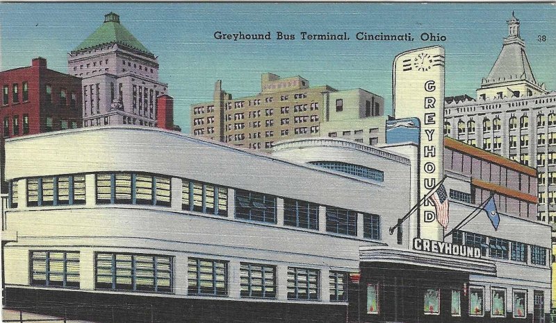 1940's Greyhound Bus Terminal, Cincinnati, Ohio Linen Postcard