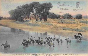 Cowboys Cowgirls Horseback River 101 Ranch Oklahoma 1909 hand colored postcard