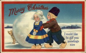 Christmas - Dutch Children Boy Gives Girl a Dog c1910 Postcard