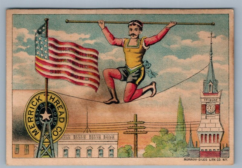 MERRICK THREAD CO. VICTORIAN TRADE CARD S.H.CLOUD ACROBAT US FLAG