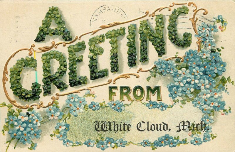 c1909 Embossed Postcard Greeting from White Cloud MI, Forget me Nots, Newaygo Co