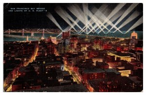 1942 San Francisco Bay Bridge and Lights of US Fleet, San Francisco, CA Postcard