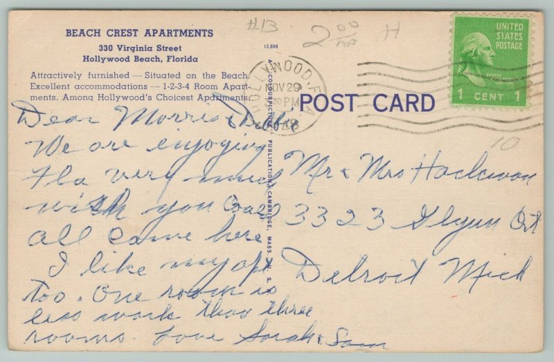 Hollywood Beach Florida~Beach Crest Apartment Buildings~1940s Linen Postcard