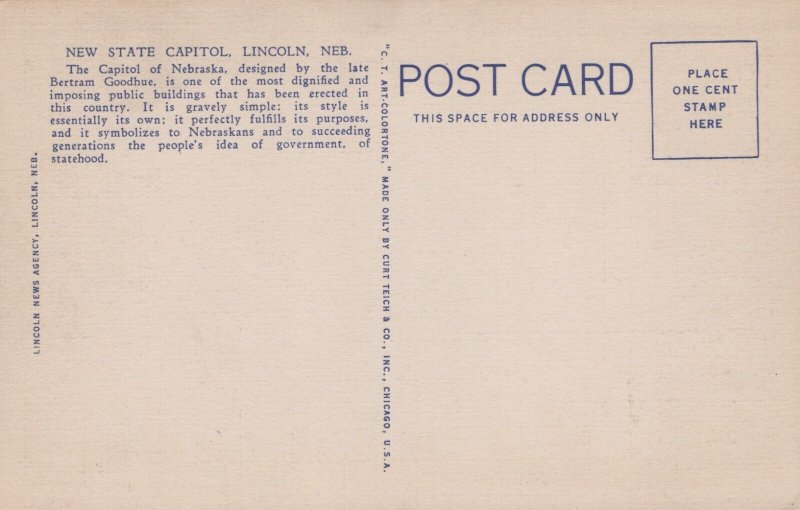 USA New State Capitol Lincoln Nebreska Linen Postcard 09.86