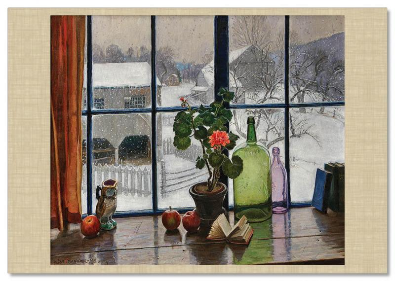 Windows Interior Wine Glass Bottle Flowers Painting by Woodward Russian Postcard