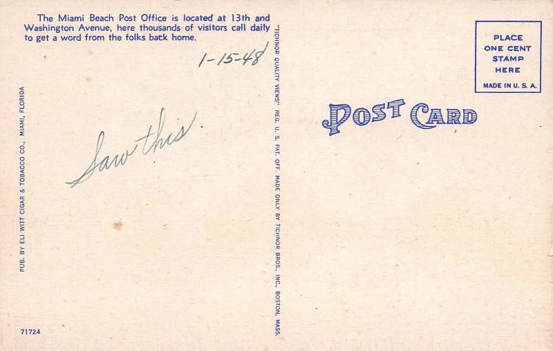 U.S. Post Office, Miami Beach, Florida, Early Postcard, Unused