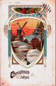 Antique Postcard Christmas Windmill Embossed 1916 Used Stamped 3.5 x 5.5 