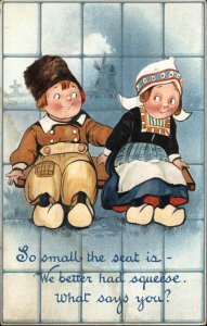 Little Dutch Boy and Girl Romance c1910 Vintage Postcard