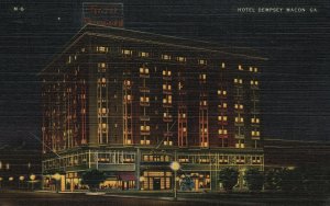 Vintage Postcard 1942 Hotel Dempsey Building at Night Macon Georgia GA Structure