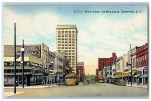 Greenville South Carolina Postcard Main Street Looking South Road 1945 Vintage