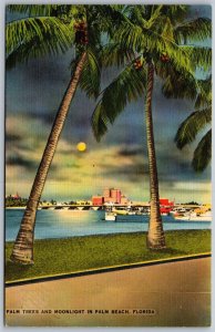 Vtg Palm Beach Florida FL Palm Trees Moonlight City Skyline 1930s View Postcard