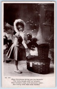 1907 Christmas Little Girl Holly Bough And Ivy Wreath Basket RPPC Photo Postcard