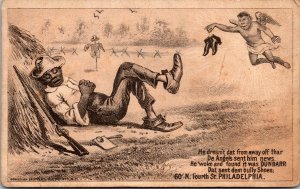 Black Americana Man sleeping in Cornfield, Rifle, Hat, Shoes, & Angel Trade Card