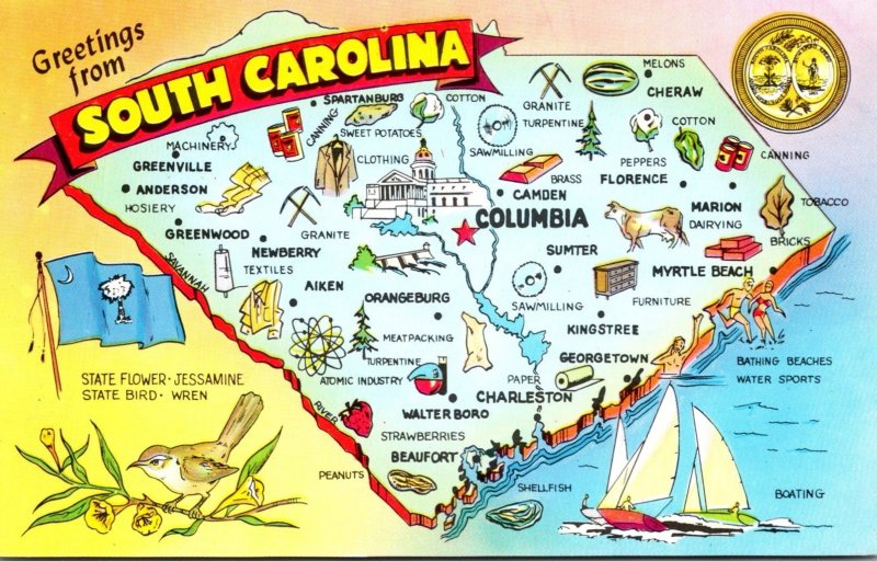 Map Of South Carolina With Greetings From The Palmetto State