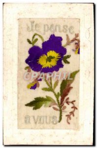 Old Postcard Fancy Embroidery I think of you Flowers