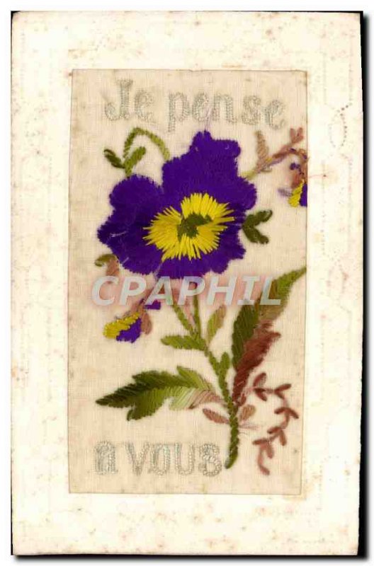 Old Postcard Fancy Embroidery I think of you Flowers