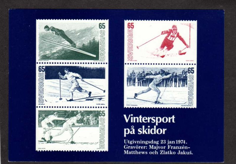 Swedish Facsimiles of postage stamps on front of Postcard Sweden Skiing Sverige