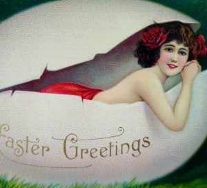 Victorian Easter Postcard Lovely Women In Huge Egg Original Antique Germany