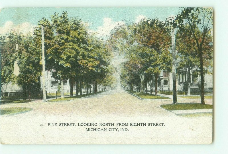 Michigan City, IN Pine St Looking North From 8th St 1908 Postcard Hand-Tinted