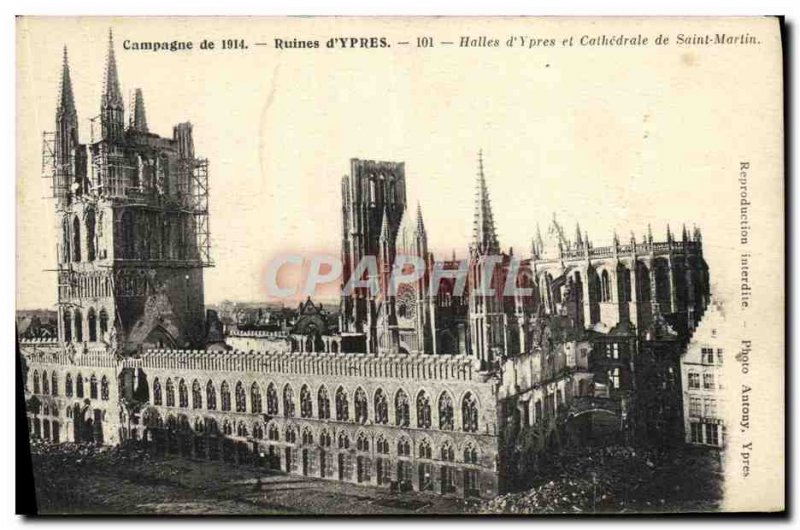 Old Postcard Ruins & # 39Ypres Halles Saint Martin Cathedral