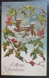 Vintage Victorian Postcard 1910 A Merry Christmas - Castle with Holly