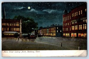 1905 Danbury Connecticut Postcard Main Street Looking North Building  Night Moon