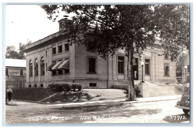 c1940's Post Office Building Car Red Oak Iowa IA RPPC Photo Vintage Postcard