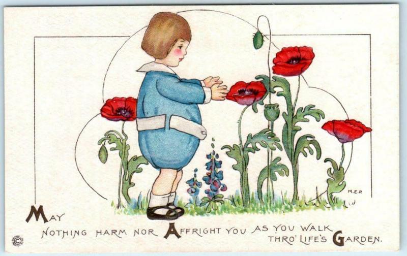 Signed Artist M.E.P. Margaret Evans Price CHILD~ LIFE'S GARDEN Embossed Postcard