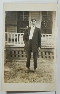 RPPC Handsome Young Man c1910 Outside of Porch Photo Postcard N15