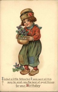 Birthday Little Dutch Boy With Flowers Tuck #824 c1910 Postcard