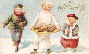 Baker Boy Bread Tray Children New Year Greeting 1905c postcard