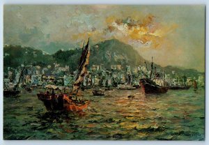 Hong Kong Postcard Victoria Harbour Ships Sailing Scene 1950's Unposted