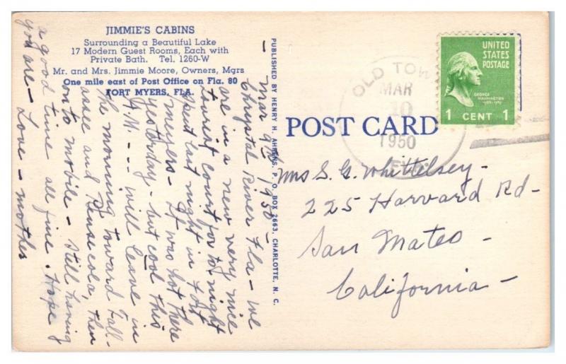 1950 Jimmie's Cabins, Fort Myers, FL Postcard