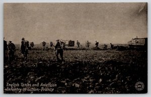 WWI English Tanks and American Infantry in Action France Postcard J30