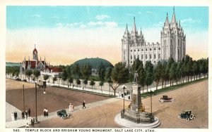Vintage Postcard Temple Block And Brigham Young Monument Salt Lake City Utah UT