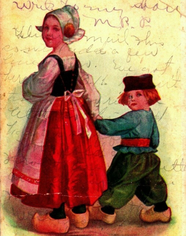 Made in Germany Dutch Girl Maid Boy Wood Clogs Holding Hands 1909 Postcard