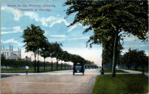 Postcard IL Scene on the Midway Showing University of Chicago Old Cars 1917 H2