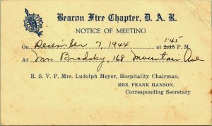 Beacon Fire Chapter DAR Meeting notice Dec 1944 Mrs Riker New Jersey Postcard