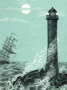 1880s Engraved Eddy Stone Light House Moonlight Sea Ship P178