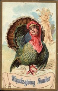 Thanksgiving Fantasy Little Boy as Turkey c1910 Vintage Postcard