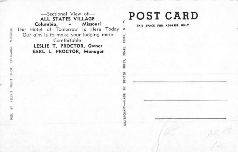 Columbia Missouri All States Village Street View Antique Postcard K88422